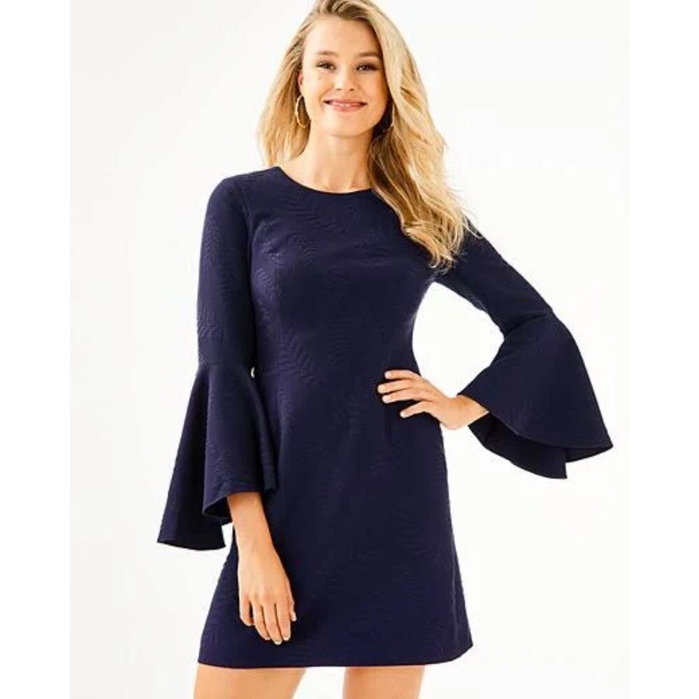 Lilly Pulitzer Kayla Stretch Dress True Navy Fern Pucker Jacquard Size 2